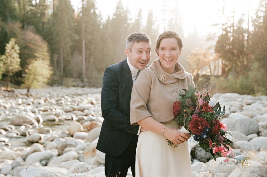 bride and groom in Yosemite vintage wedding dress